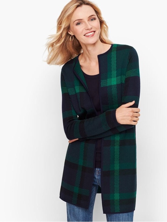 Talbots Sweaters - Talbots Navy & Green Plaid 100% Pure Merino Wool Open Long Cardigan Size XS